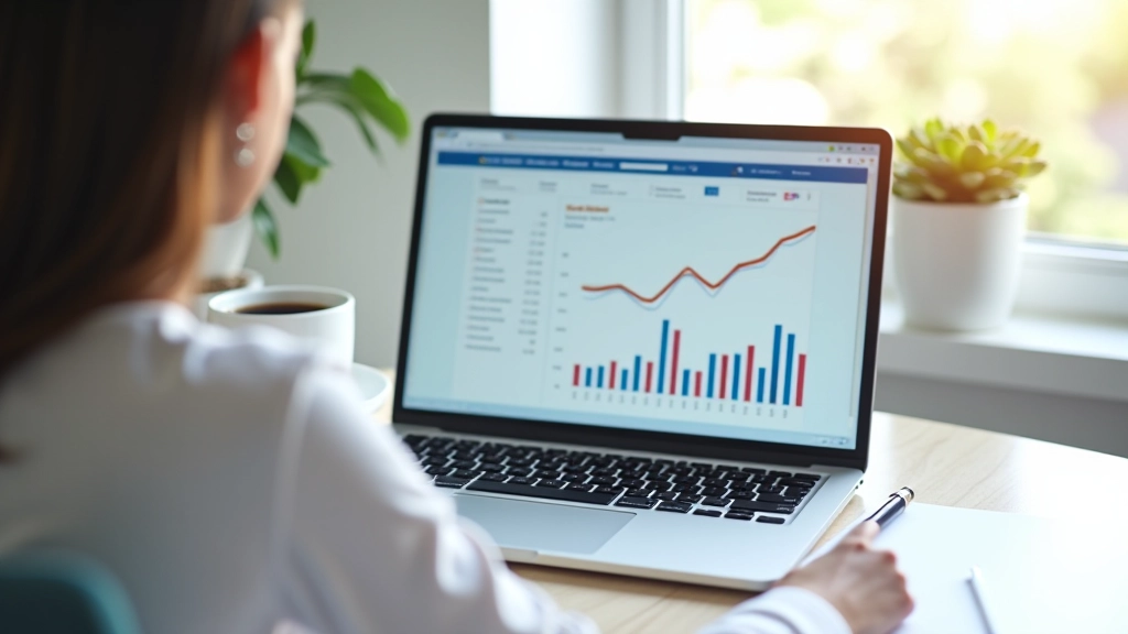 Ordinateur portable affichant des graphiques de revenus numériques sur un bureau moderne