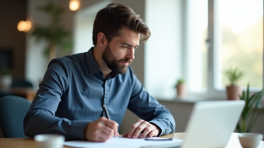 Personne travaillant sur un ordinateur portable, écrivant des emails de vente avec des notes d'idées à proximité
