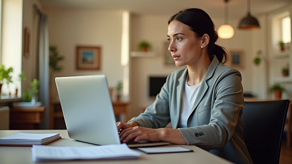 Personne travaillant sur un ordinateur portable dans un espace de travail confortable avec des notes et des plans