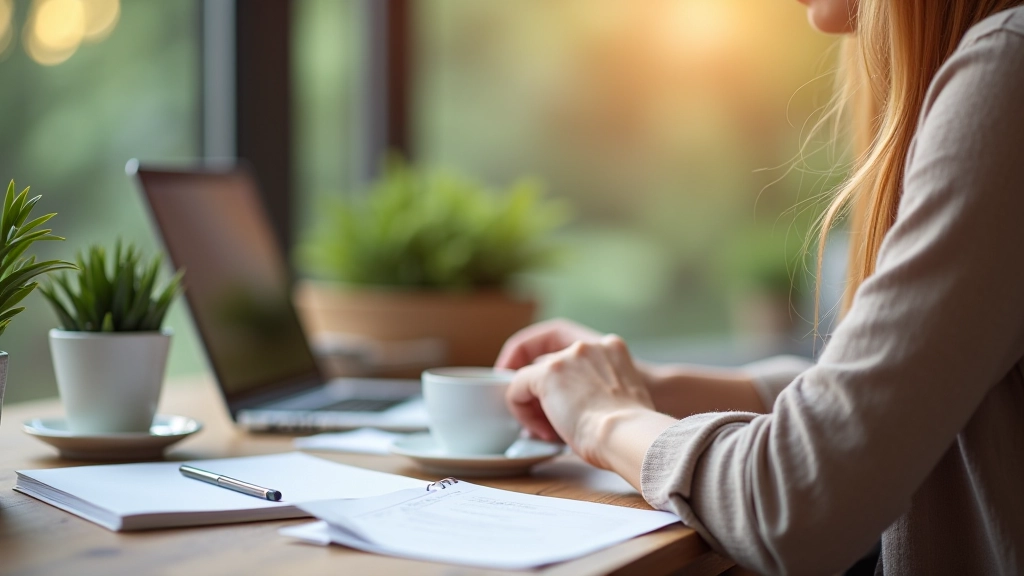 Femme travaillant sur projet créatif avec café et notes, environnement de travail confortable et productif
